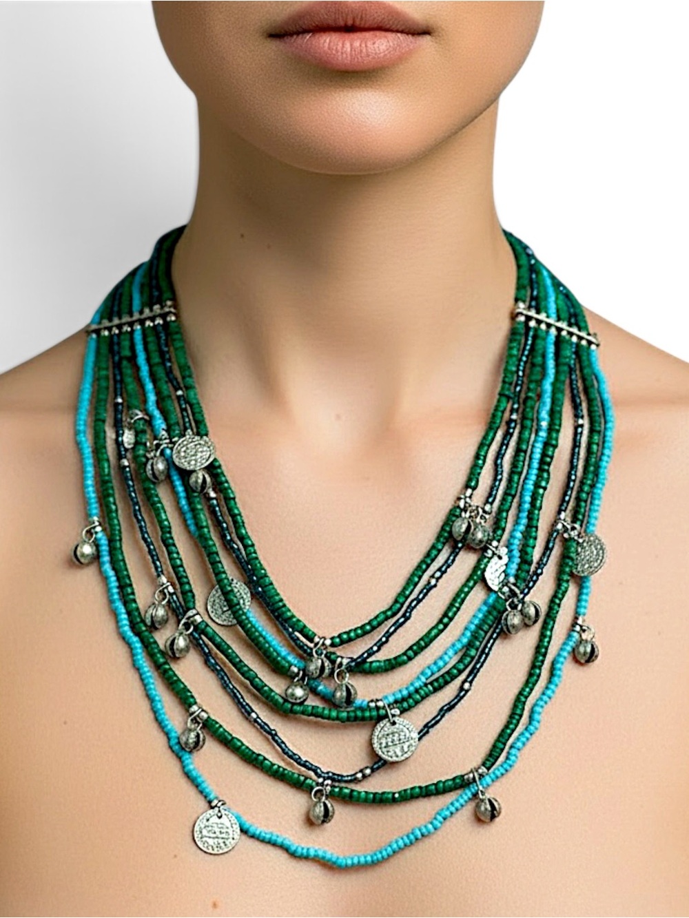 Vintage 90s Boho Turquoise Green Multi Strand Beaded Jingle Bell Necklace Tribal